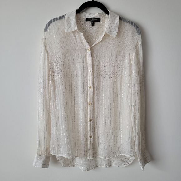 JUICY Couture Silk Button Down Shirt Sheer w Metallic Fiber Pinstripes XS - Picture 1 of 13